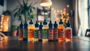 Flaschen mit liquid-Geschmacksrichtungen auf einem Holztablett in einem gemütlichen Raum.