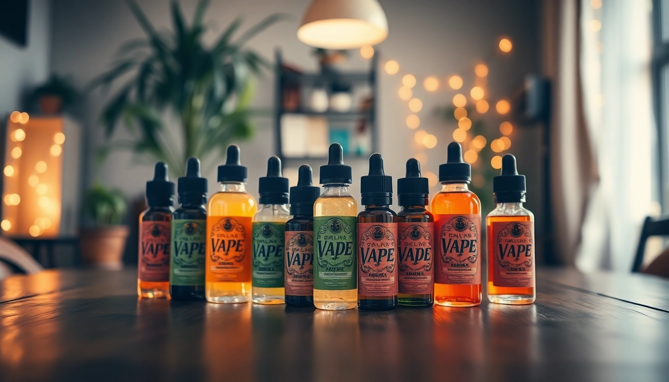 Flaschen mit liquid-Geschmacksrichtungen auf einem Holztablett in einem gemütlichen Raum.