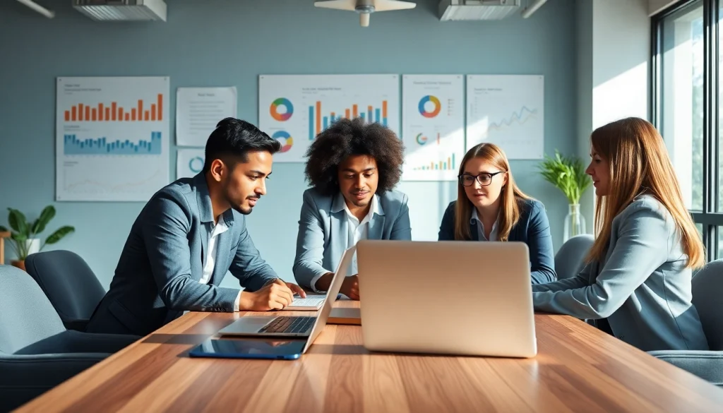 Dynamic team of seo agency professionals collaborating on marketing strategies in a modern office.
