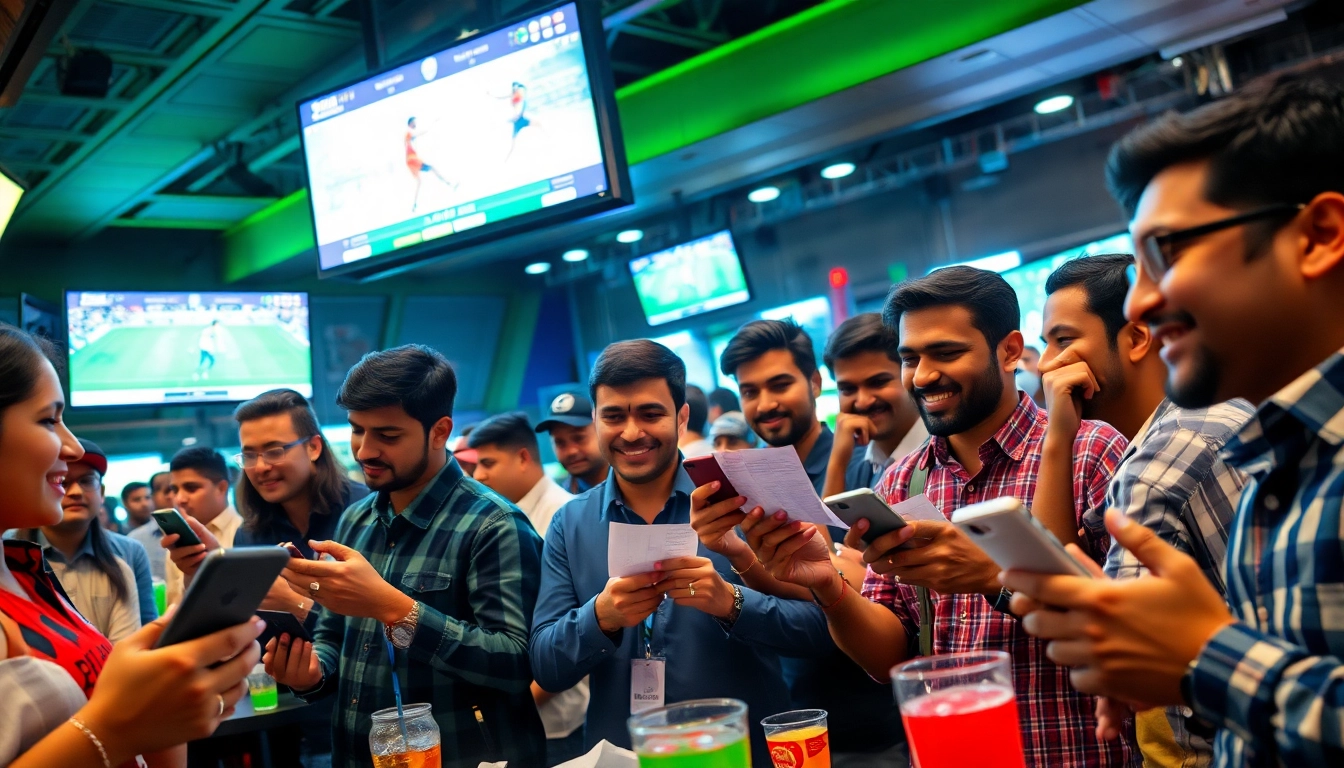 Engaged bettors exploring the best sports betting sites in India at a lively sports bar.