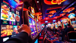 Menampilkan mesin slot bro138 slot di kasino cerah dengan pemain yang bersemangat.