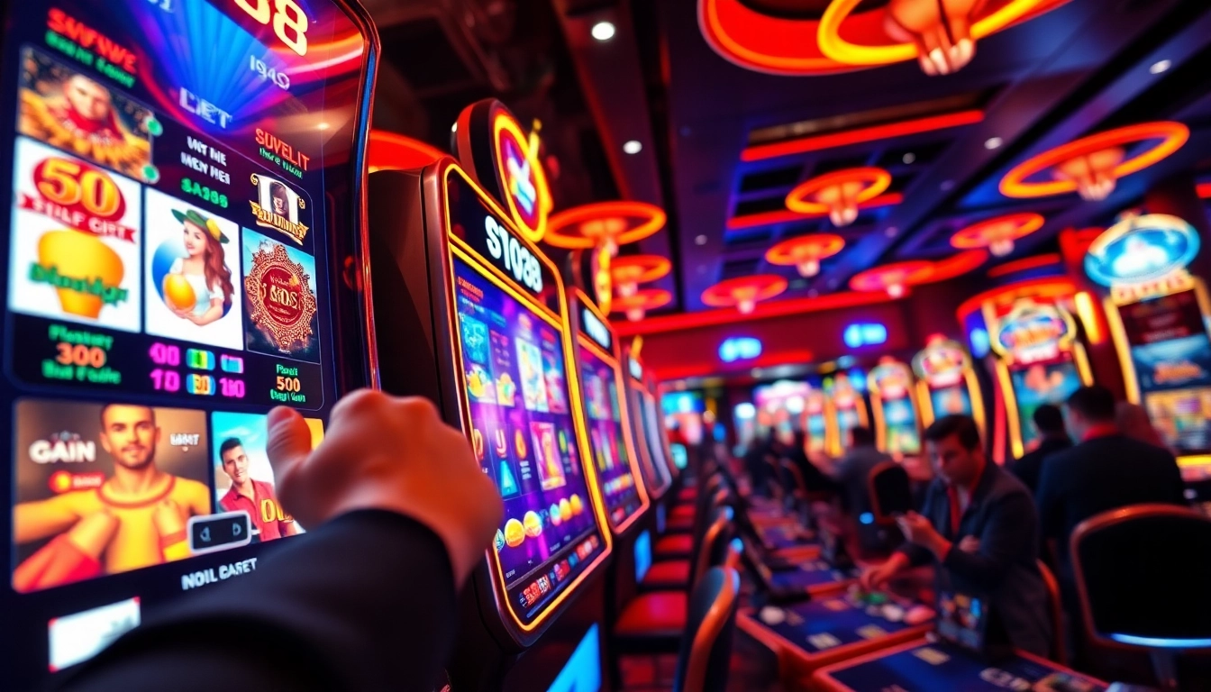 Menampilkan mesin slot bro138 slot di kasino cerah dengan pemain yang bersemangat.