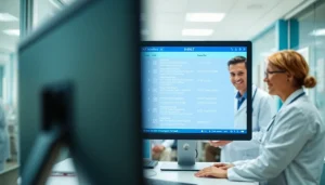 HL7 Interface views on a computer screen with doctors interacting in a modern hospital.