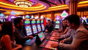 Menang slot terpercaya dengan mesin slot yang berwarna-warni, pemain bersemangat, dan suasana kasino mewah.