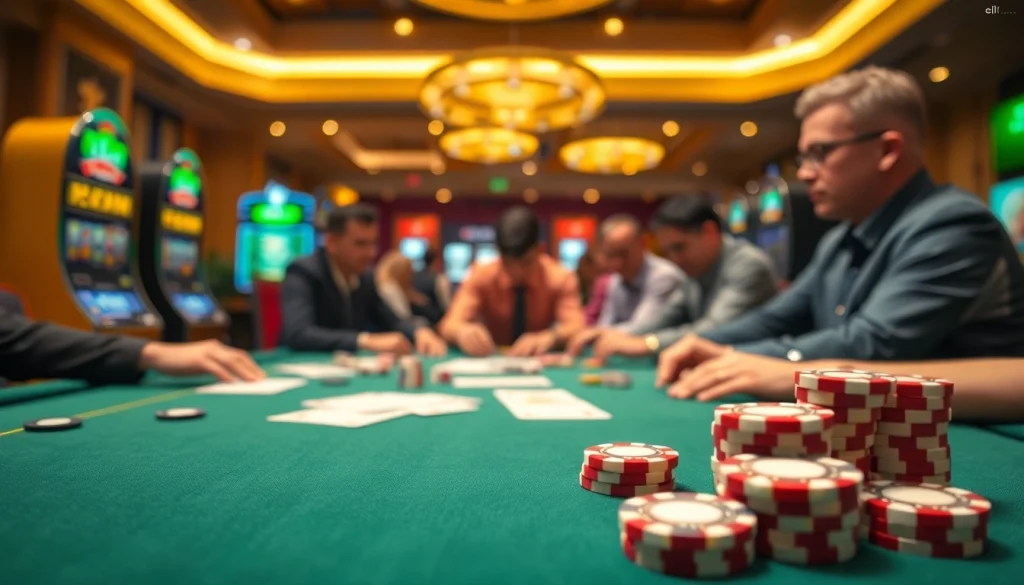 Agen toto poker table with players engaged in a thrilling game, showcasing excitement and focus.