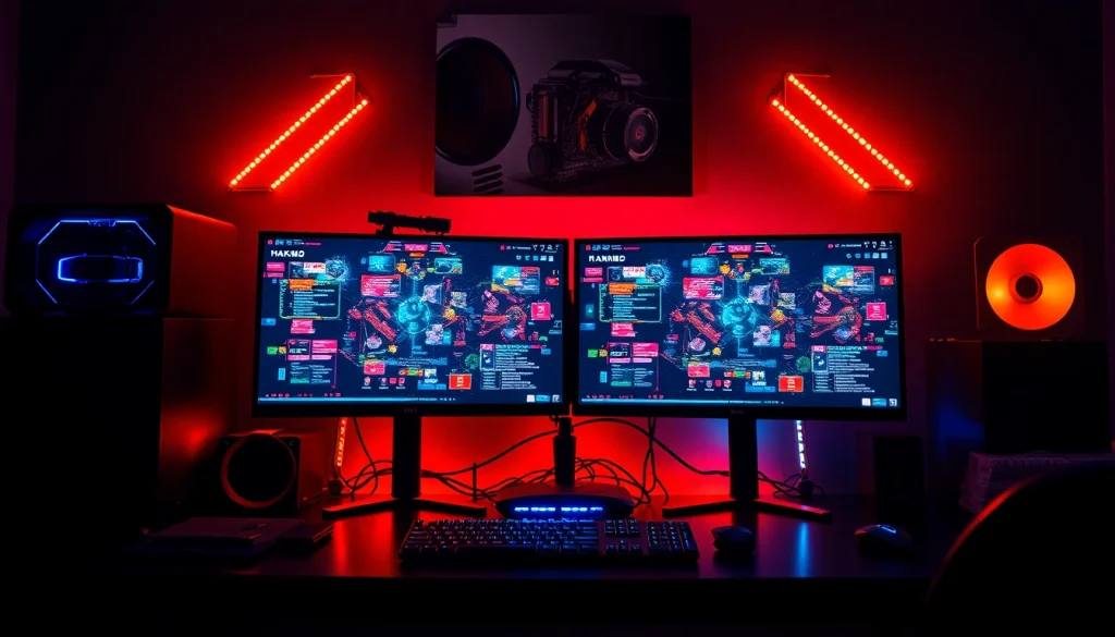 Menampilkan pengaturan permainan dengan fokus pada layar hakim4d alternatif game dan pencahayaan LED yang menarik.