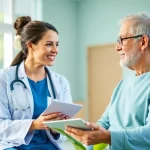 Health professional advising a patient on wellness in a tranquil clinic.