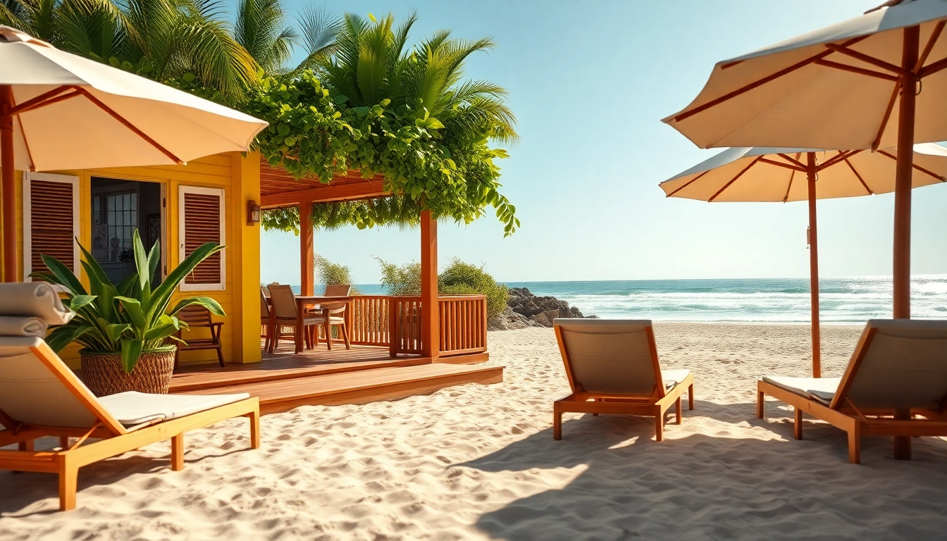 Relax at a coastal cabana with vibrant colors and inviting beachside atmosphere.