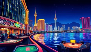 Menampilkan toto macau dengan pemandangan malam makau yang cerah dan kasino yang berkilauan.