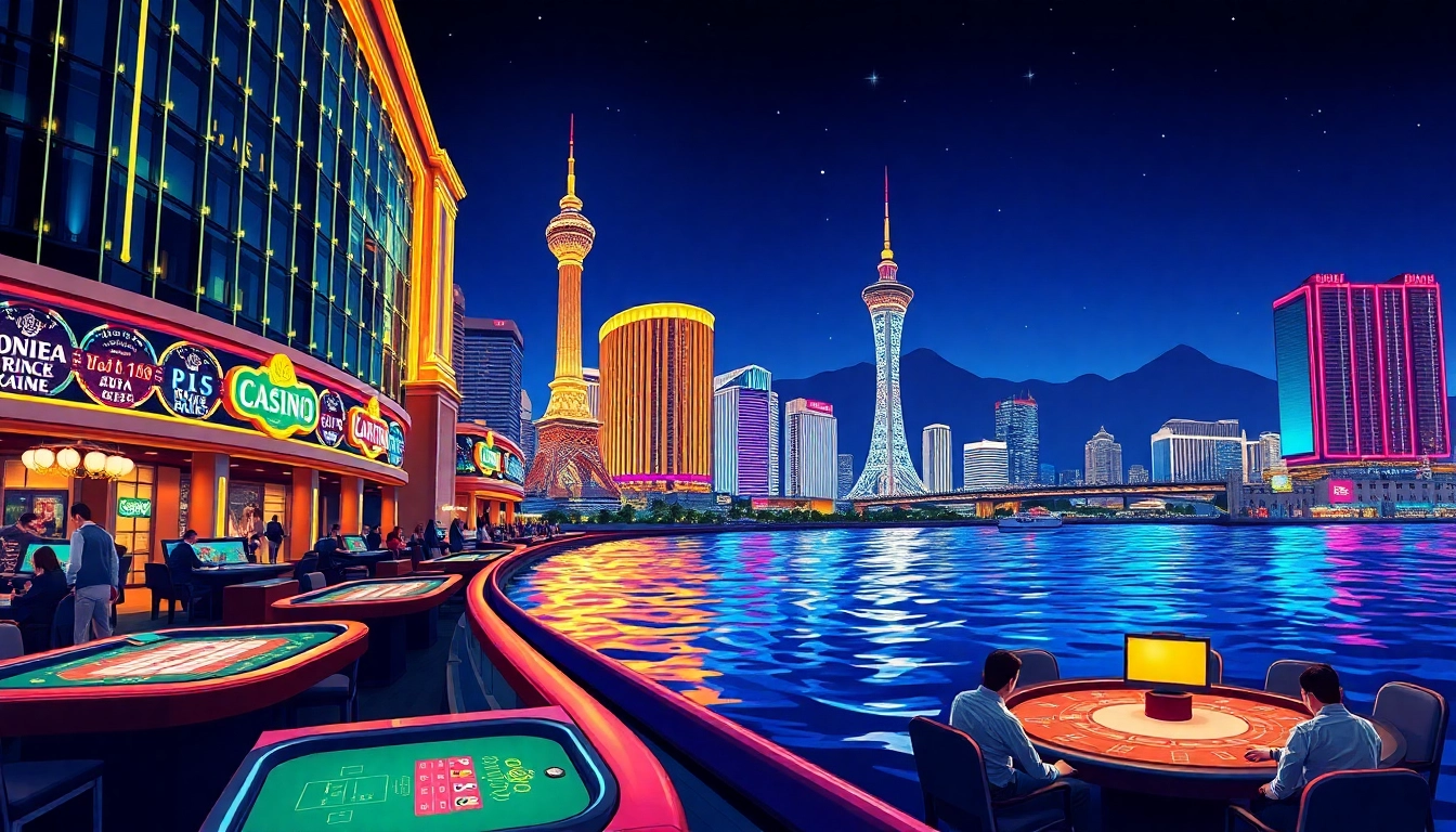 Menampilkan toto macau dengan pemandangan malam makau yang cerah dan kasino yang berkilauan.