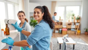 Cleaners providing a professional cleaning service in a modern home setting, showcasing tidiness and organization.