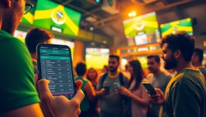 Engaging scene of sports betting Brazil with enthusiasts placing bets on mobile devices in a lively environment.