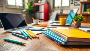 Stationery suppliers uk showcasing vibrant pens and notebooks on a rustic desk.