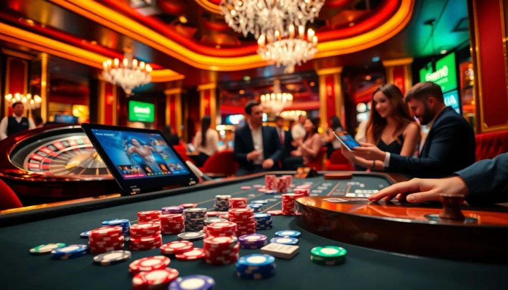 Experience the thrill of mm88 as players engage at a lively poker table in an upscale casino setting.