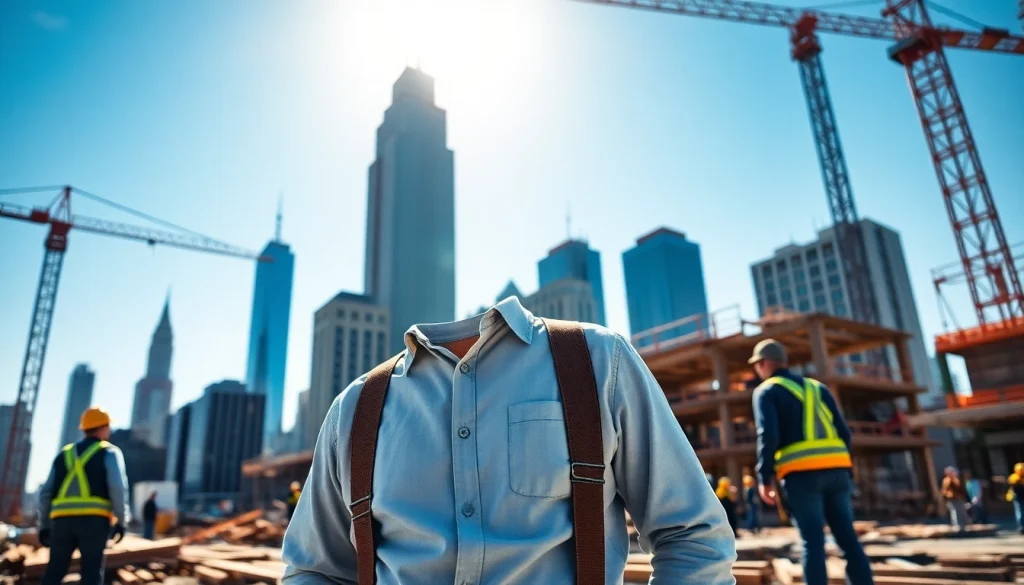 New York General Contractor directing a construction site with city skyline in the background