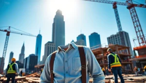 New York General Contractor directing a construction site with city skyline in the background