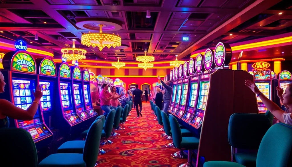 Mainkan slot gacor di mesin slot yang berkilauan dan ramai dalam suasana kasino yang energik