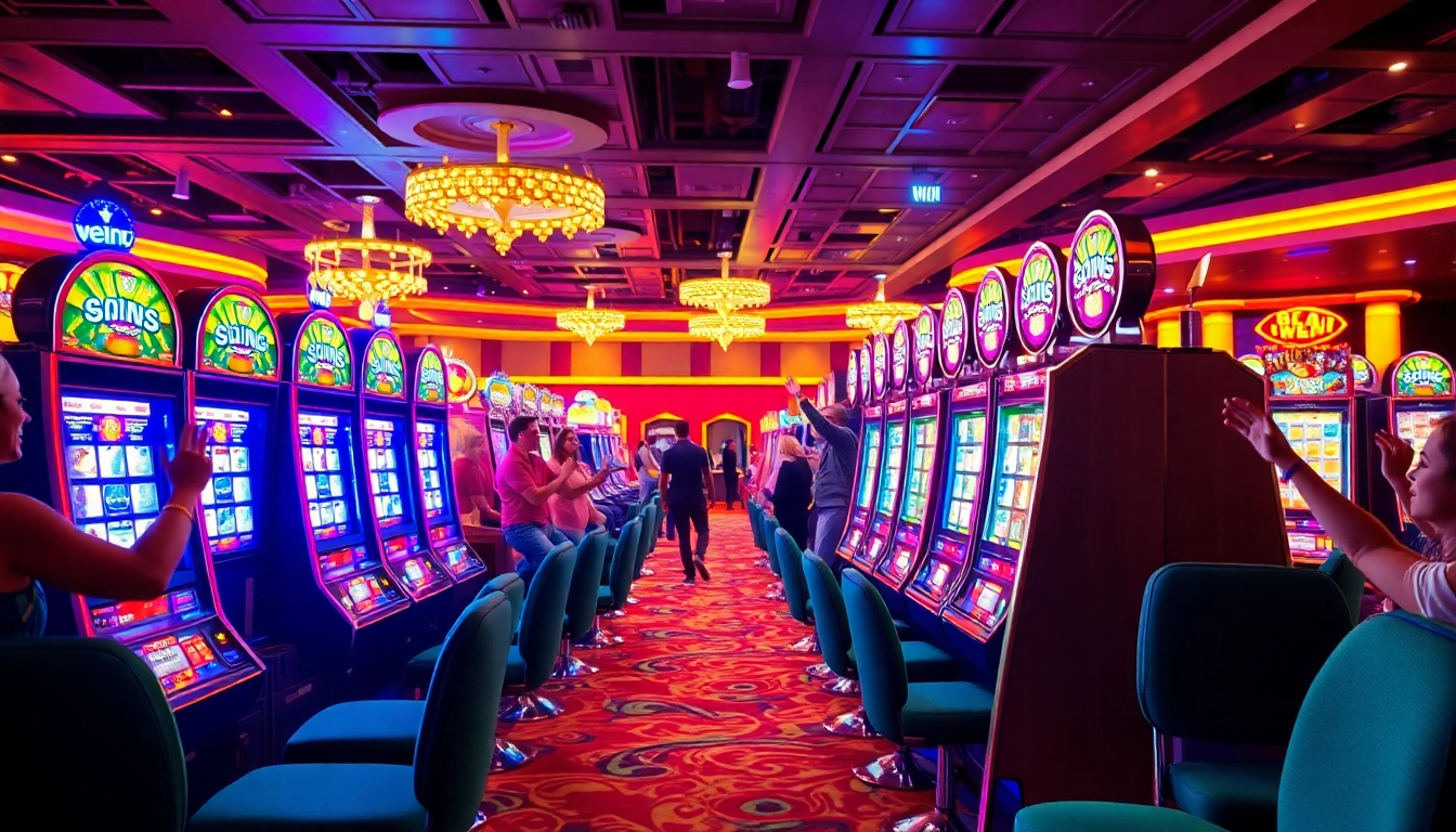 Mainkan slot gacor di mesin slot yang berkilauan dan ramai dalam suasana kasino yang energik