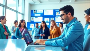 Engage with free ai chat platform in a modern office setting featuring diverse users and digital interfaces.