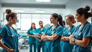 Nurses exploring nursing career pathways and specializations in a vibrant healthcare environment.