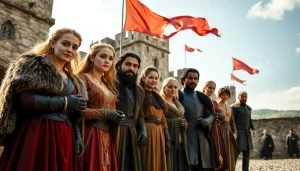 Gathering of game of thrones cast in a medieval setting, showcasing their iconic characters.