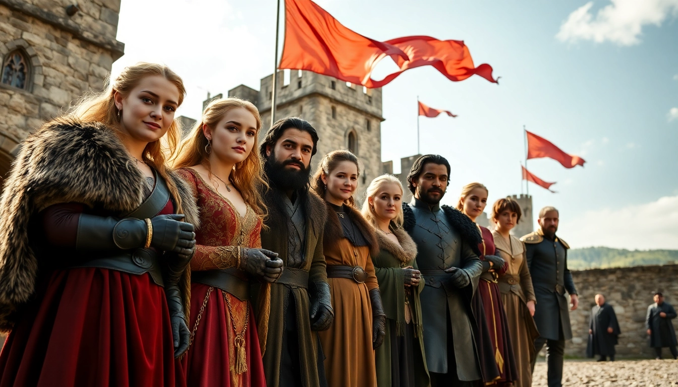 Gathering of game of thrones cast in a medieval setting, showcasing their iconic characters.