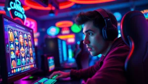 Jelajahi pengalaman mendebarkan Unogg slot game dengan pemain terfokus dan latar kasino yang cerah.