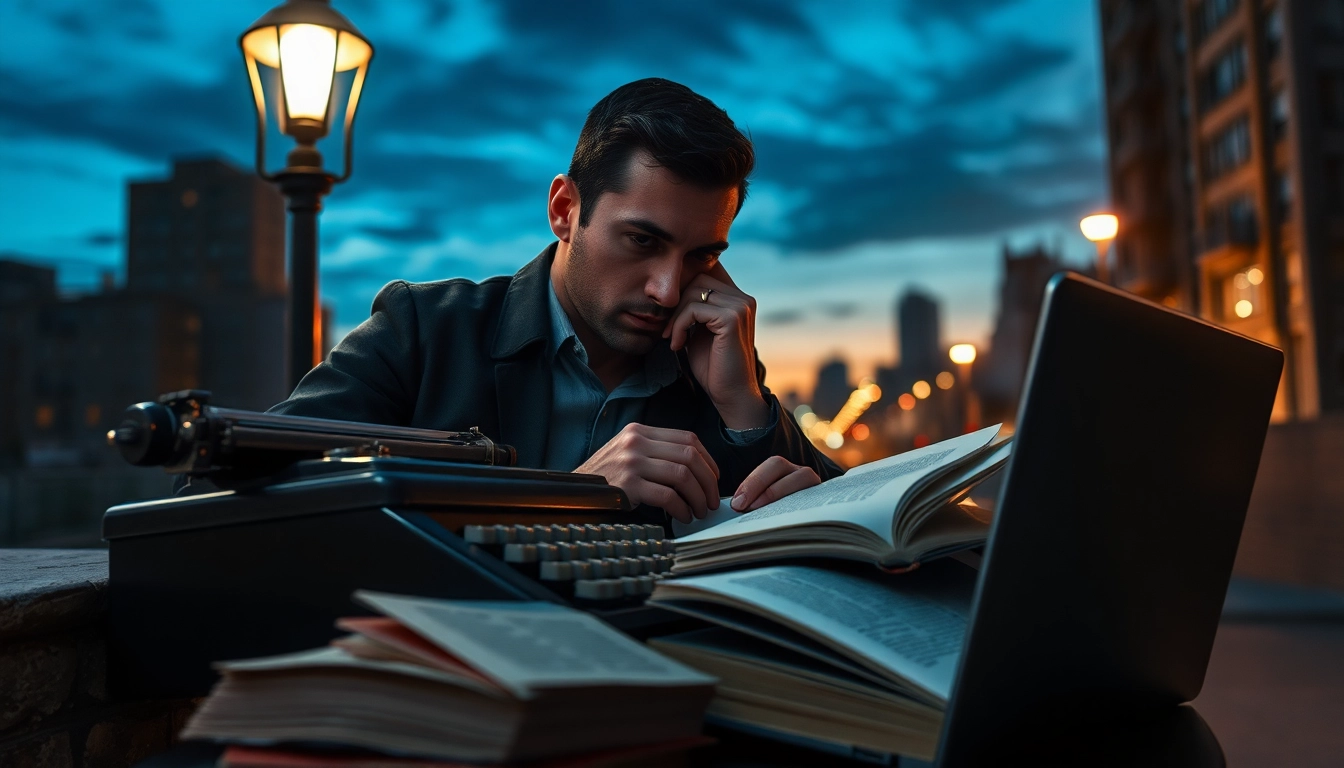 Action thriller author immersed in writing in a moody urban landscape at dusk.