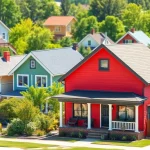 Explore vibrant real estate homes showcasing diverse architectural styles in a suburban neighborhood.