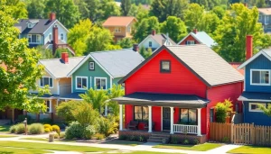 Explore vibrant real estate homes showcasing diverse architectural styles in a suburban neighborhood.