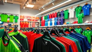 Showcase cheap football kits in a sporty retail environment, highlighting a variety of styles and colors.