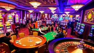 Casino gaming scene featuring KJC brand elements, showcasing vibrant tables and exciting players.