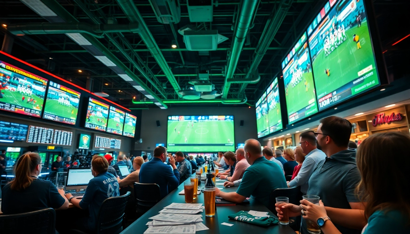 Engaged bettors enjoying the MM88 betting experience in a lively sports book environment.