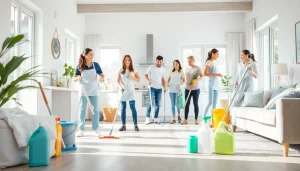 Engaging cleaning service professionals diligently transforming a home's cleanliness and comfort.