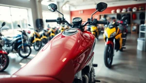 Wir kaufen dein motorrad: glänzendes Motorrad im Vordergrund eines professionellen Motorradhändlers.