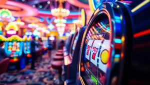 Menang di agen toto slot dengan mesin slot berwarna-warni dan suasana kasino yang meriah.