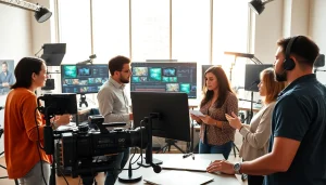 Engaging atmosphere of a video production agency team collaborating creatively in a modern studio.