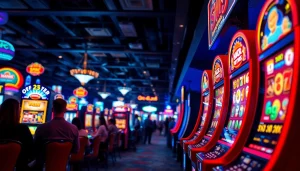 Menampilkan situs slot dengan mesin slot berwarna dan atmosfer kasino yang ramai.