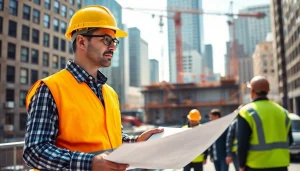 Leading Manhattan Commercial General Contractor managing a construction site with blueprints and team collaboration.