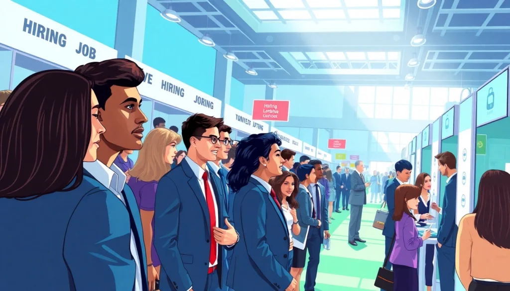 People engaging in new hire jobs at a lively job fair showcasing diverse opportunities.