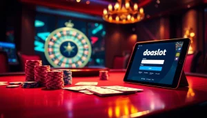 Experience the excitement of doaslot login at a luxurious gambling table filled with poker chips and cards.