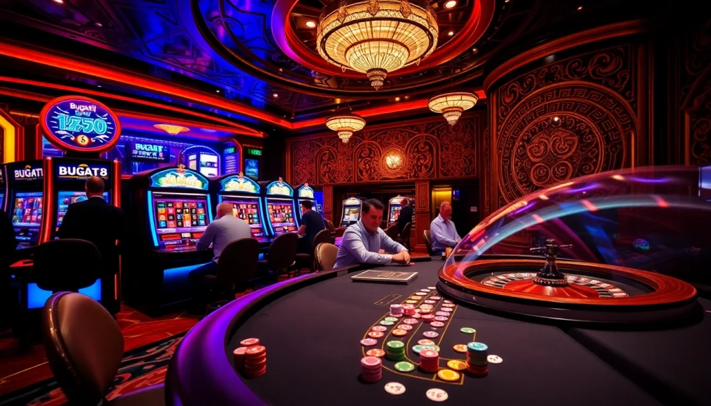 Excited players engaging in gambling at Bugatti8, surrounded by luxury casino elements.