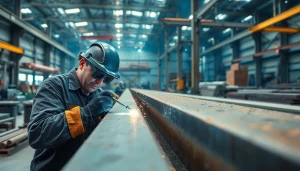 Skilled welder engaging in structural steel welding with sparks flying in a workshop.