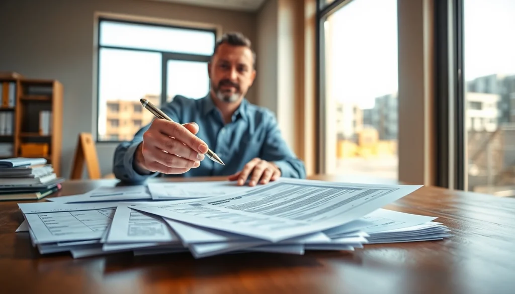 Contractor examining the DAS 140 form amidst construction materials in a well-lit office.