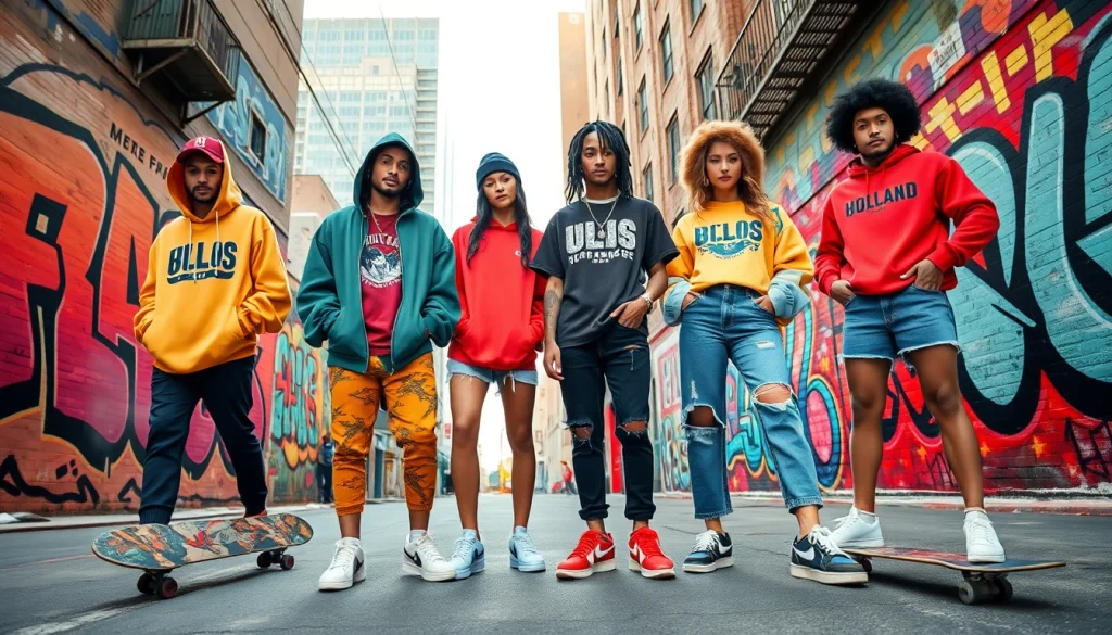 Streetwear models displaying top urban clothing brands in a trendy urban setting.