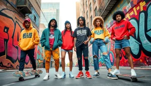 Streetwear models displaying top urban clothing brands in a trendy urban setting.