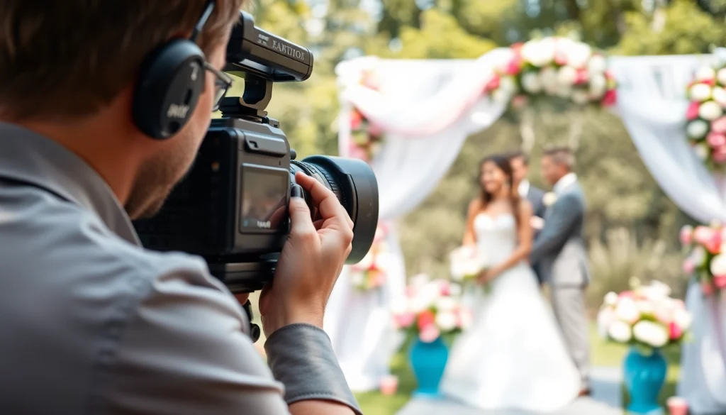 Videographer filming joyful outdoor wedding moments with beautiful decorations.