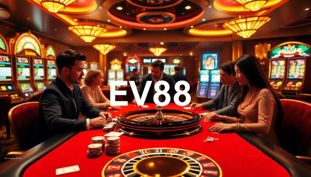Engage with EV88 đăng nhập effortlessly at this vibrant casino scene filled with poker chips and roulette wheels.