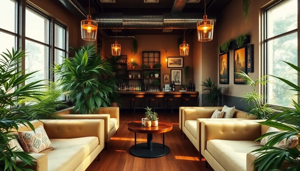 Visitez le cannabis club espagne dans un cadre chic et accueillant avec des plantes luxuriantes.