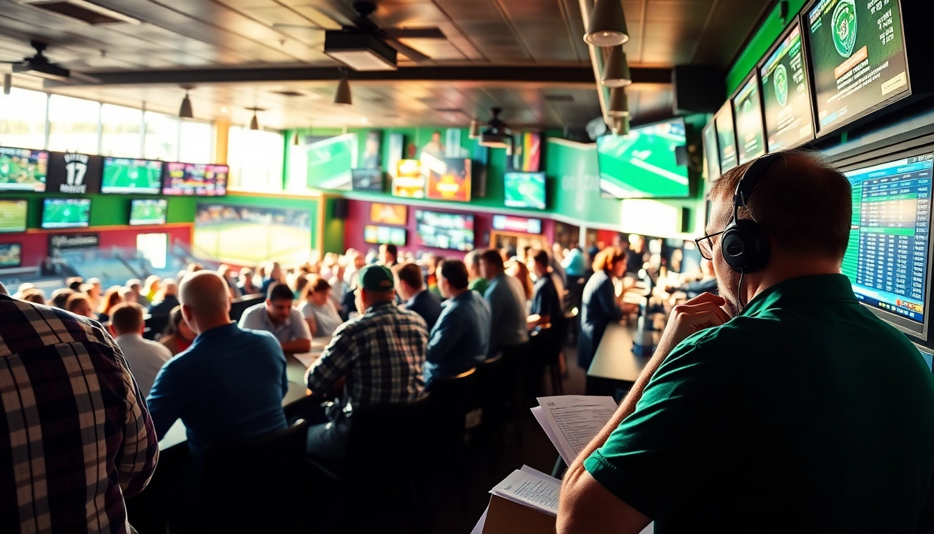 Engaging scene of sports betting South Carolina with enthusiasts analyzing odds in a lively environment.